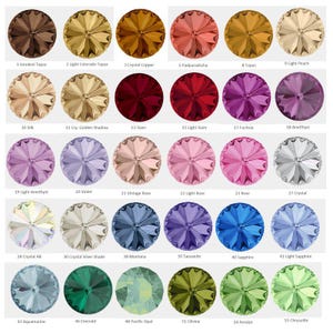 May include: A collection of faceted crystal rhinestones in various colors, including shades of brown, gold, red, pink, purple, blue, green, and clear. Each rhinestone is labeled with a number and color name, such as "Smoked Topaz" and "Crystal AB."