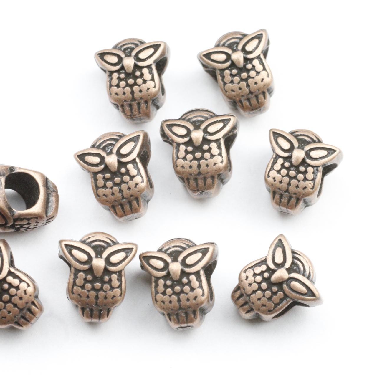 10 Owl Slider Beads, Spacer Beads, Owl Charms, Owl Beads, Antique Copper Plated Owl, Slider Bracelet