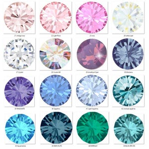 May include: A selection of round, faceted gemstones in a range of colours, including pink, purple, blue, and green. Each gem is labelled with a number and a name, such as "21 vintage rose" and "46 emerald". The gems are arranged in a grid.
