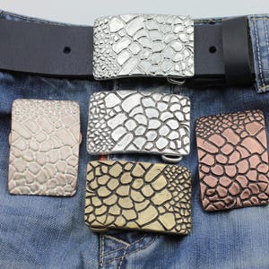 Puede incluir: Cinco hebillas rectangulares con textura de piel de reptil en tonos plateado, bronce y dorado. Las hebillas se muestran sobre unos vaqueros azules con un cinturón de cuero negro. Las hebillas son de metal y tienen un diseño clásico.