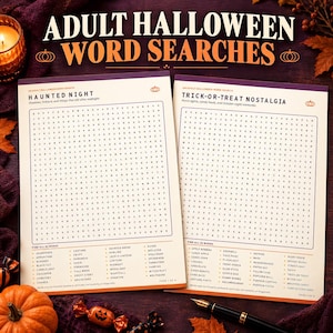 May include: Two printed word search puzzle sheets titled ADULT HALLOWEEN WORD SEARCHES, featuring the puzzles HAUNTED NIGHT and TRICK-OR-TREAT NOSTALGIA. Each page includes a grid of letters and a list of words to find, with orange and purple accents.