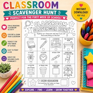 May include: A classroom scavenger hunt activity sheet featuring a grid of twelve items to find, including a book, pencil, window, desk, plant, clock, blue item, chair, poster, trash can, square object, and a friend, with a bonus challenge section.