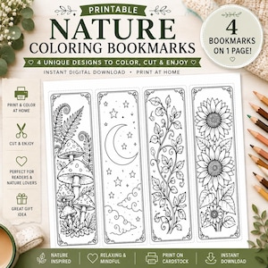 Nature Coloring Bookmarks Printable | 4 Printable Bookmarks to Color | Mushroom, Moon, Vine & Sunflower | Instant Download