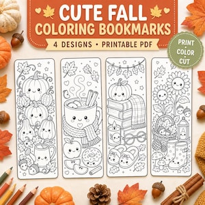 May include: Four rectangular coloring bookmarks featuring black and white line art of fall-themed items including pumpkins, a mug with a scarf, books, sunflowers, and boots. The text reads CUTE FALL COLORING BOOKMARKS, 4 DESIGNS, PRINTABLE PDF, PRINT COLOR CUT.