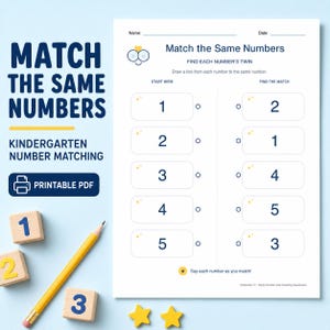 Könnte beinhalten: Ein ausdruckbares Lernarbeitsblatt mit dem Titel Match the Same Numbers mit Spalten für die Zahlen eins bis fünf. Die Seite enthält Anweisungen zum Verbinden gleicher Ziffern, einen gelben Bleistift sowie Holzklötze mit den Zahlen eins, zwei und drei.