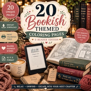 May include: A digital collection of 20 bookish themed coloring pages in 8.5 x 11 inch format, featuring an e-reader, a ceramic mug with text, a spiral notebook, a wooden tag with text, and three stacked books with gold lettering.
