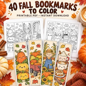 May include: A collection of 40 fall-themed bookmarks to color, presented as printable PDF pages. The designs feature cute pumpkins, scarecrows, autumn leaves, and warm beverages. The text reads 40 FALL BOOKMARKS TO COLOR, PRINTABLE PDF, INSTANT DOWNLOAD.