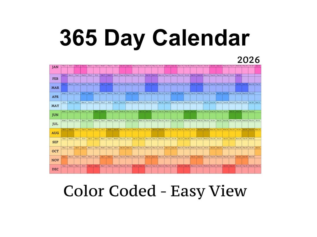 365 Day Calendar 2026 Color Coded Version Printable PDF Easy View
