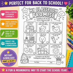 May include: A black and white printable activity sheet titled My Classroom Promise featuring nine boxes with illustrations and text prompts for children, including a space for a name and date at the bottom, surrounded by colourful educational graphics.