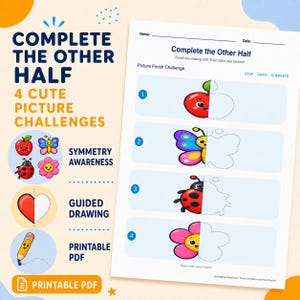 May include: A printable educational worksheet titled Complete the Other Half featuring four drawing challenges. The page includes illustrations of a red apple, a colorful butterfly, a red ladybug, and a pink flower, each with a dotted outline for completion.