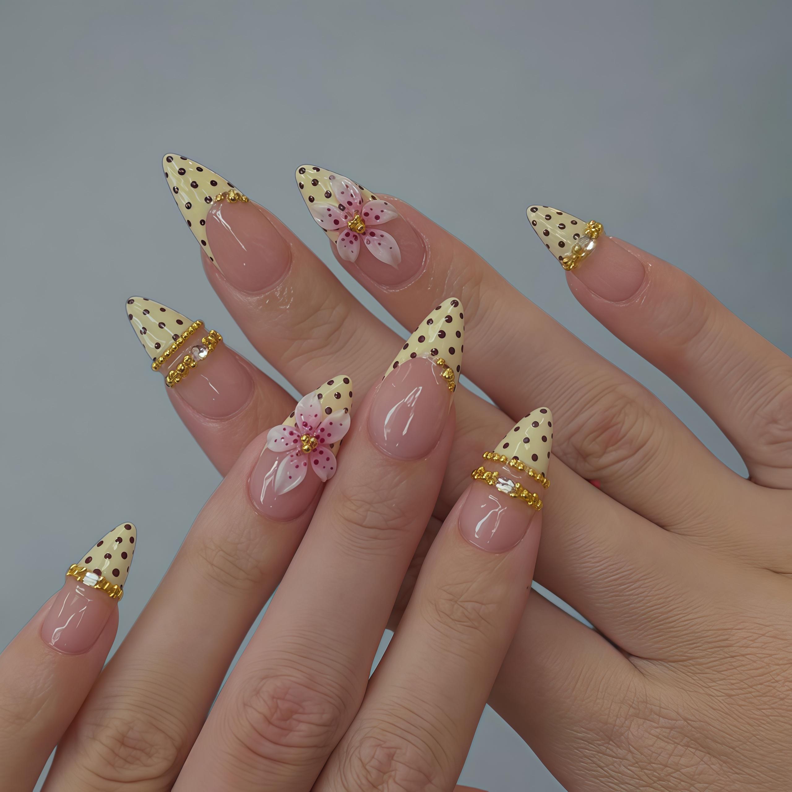 Custom Yellow Polka Dot Press On Nails, 3D Flower Nail Art with Gold Gems, French Tip False Nails, Handmade Manicure