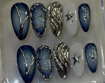 Custom Press on Nail Dark Blue Silver Nails, Metallic Swirl, 3D Star Charms,Matte Finish,Edgy Gothic Style, Long Almond, Reusable Fake Nails