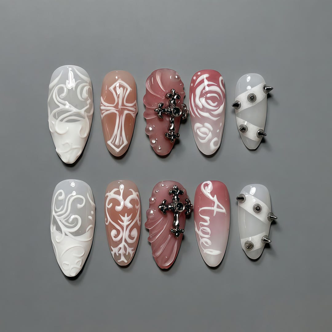 Custom Press on Nail Fake Nails With 3D Cross, Angel Script, Silver ...