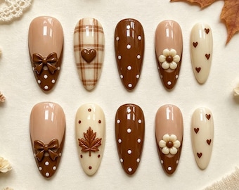 Faux ongles à coller avec nœud en ruban marron et feuille d'érable : Kit gel automne à motif floral 3D et carreaux