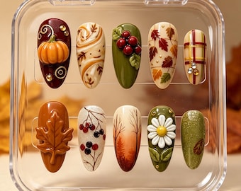 Faux ongles automnaux citrouille des bois : Kit gel 3D baies et marguerites pour Thanksgiving