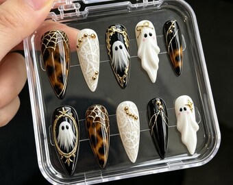 Faux ongles à coller Gothic Ghost Gold Frame : Kit gel 3D Ghost Lace Tortue Shell Gel