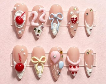 Faux ongles à coller « Gâteau d'anniversaire sucré aux cerises » : Kit de gel rose avec ballon 3D et nœud en ruban