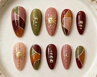 Ongles à coller effet vitrail soleil céleste : kit gel automne étoile dorée vintage