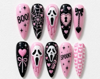 Faux ongles à coller Pink Ghostface Scream : Kit gel 3D fantôme rose et noir pour Halloween