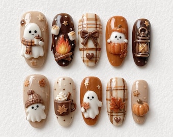 Ongles à coller Cozy Ghost Campfire : Kit gel automne/Halloween 3D citrouille latte