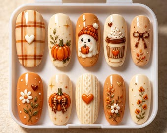 Cozy Autumn Ghost Press On Set: Pumpkin Latte Plaid Sweater Bow Floral Gel Nails