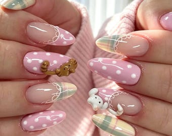 Ongles à presser Kawaii Chat Souris Couverture : Kit de gel à carreaux pastel et pois roses