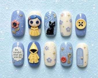 Ongles à coller 3D Coraline, imperméable jaune, chat noir : Petit ensemble clé bleue
