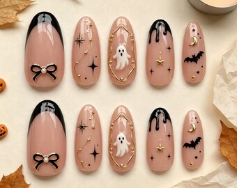 Faux ongles gothiques fantôme avec cadre doré : kit gel chauve-souris française effet 3D pour Halloween