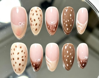 Brown Deer Print French Tip Press On Nails: Swirl Bow Detail Fall Animal Set