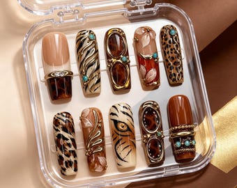 Wild Tiger Leopard Press On Nails: Turquoise Gold Ring Amber French Gel Set