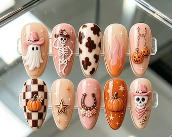 Clous à ongles 3D style western, squelette, fer à cheval et fantôme : ensemble citrouille d'Halloween