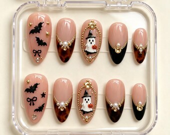 Faux ongles à coller Sorcière Fantôme Écaille de Tortue : Kit gel Halloween Cadre Chauve-Souris 3D