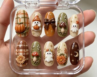 Ongles à coller Cozy Ghost Champignon Citrouille : Kit gel 3D automnal style cottagecore
