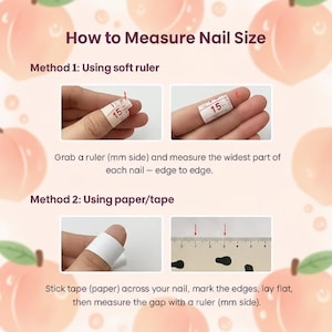 Op de afbeelding: Afbeelding met twee methoden om de nagelmaat te meten. Methode 1 gebruikt een zachte liniaal en methode 2 gebruikt papier/tape. Instructies en diagrammen zijn inbegrepen, met de tekst "How to Measure Nail Size."