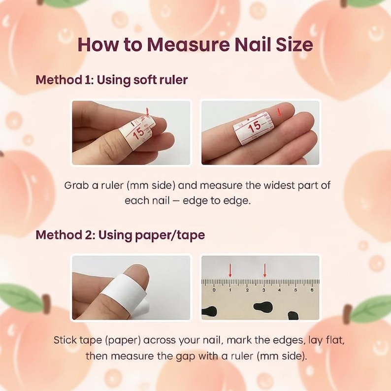 Op de afbeelding: Afbeelding met twee methoden om de nagelmaat te meten. Methode 1 gebruikt een zachte liniaal en methode 2 gebruikt papier/tape. Instructies en diagrammen zijn inbegrepen, met de tekst "How to Measure Nail Size."