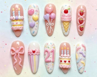 Faux ongles 3D personnalisés pour anniversaire et âge : ensemble de ballons, gâteau pastel et glace