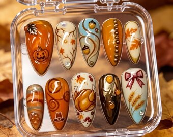 Faux ongles d'automne pour Thanksgiving : citrouille, dinde, gland et feuille d'érable