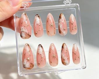 Ongles à coller Constellation Céleste : Kit de gel Quartz Rose Marbre Étoile Dorée