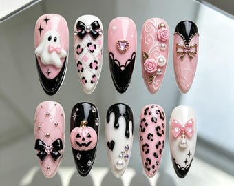 Faux ongles à coller Pink Ghost Pumpkin Coquette : Kit gel Halloween 3D Leopard Bow