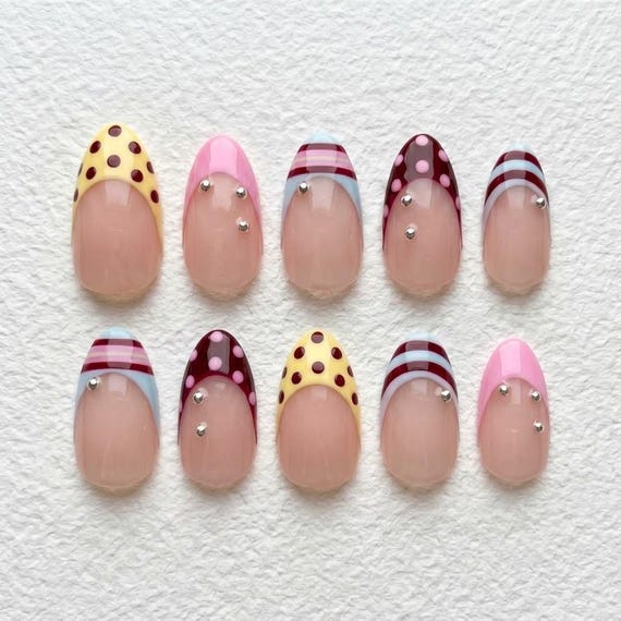 Y2K Pink Press On Nails, Polka Dot & Stripe Design, Retro Handmade Nails Art