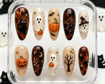 Faux ongles citrouille fantôme effrayants : Kit gel Halloween chat noir écaille de tortue 3D