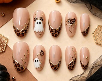 Ongles à pression à la française Kawaii Fantôme Léopard : Kit de gel Halloween Oreilles de singe 3D