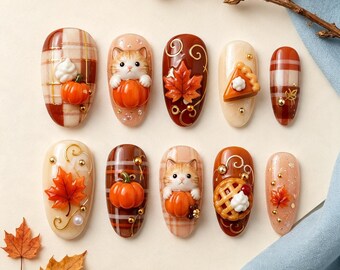 Faux ongles chat citrouille d'automne : kit gel 3D tarte et feuille d'érable pour Thanksgiving