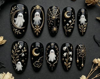 Faux ongles gothiques à cadre doré : kit de gel vintage croissant de lune pour Halloween