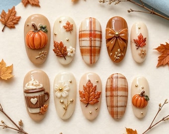 Faux ongles à coller « Latte à la citrouille d'automne » : Kit gel 3D à carreaux de feuilles d'érable pour Thanksgiving