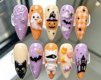 Faux ongles 3D fantôme momie citrouille d'Halloween : violet orange stiletto