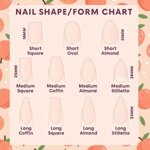 Op de afbeelding: Een nagelvormkaart met verschillende nagelstijlen, waaronder Kort Vierkant (18mm), Kort Ovaal, Kort Amandel (21mm), Medium Vierkant (25mm), Medium Kist, Medium Amandel (26mm), Medium Stiletto, Lang Kist, Lang Vierkant, Lang Amandel en Lang Stiletto (33mm).