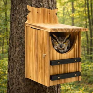 May include: A wooden owl house with a decorative owl-shaped top is mounted on a tree. The owl house has a round opening and two black bars. A Great Horned Owl is visible inside the house, with yellow eyes and brown and white feathers.