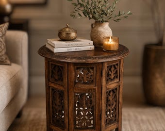 Rustic Farmhouse Round End Table | Solid Mango Wood Octagonal Side Table – Hand Carved Nightstand