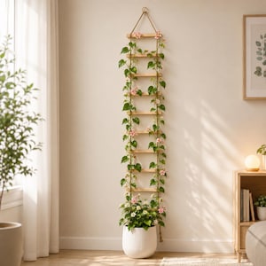 May include: A vertical wooden ladder plant trellis hanging on a wall, featuring multiple horizontal rungs connected by ropes. A climbing vine with green leaves and small pink flowers grows up the structure, ending in a white ribbed planter pot.